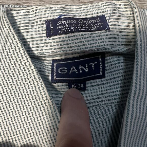 Vintage GANT Button Down Shirt Mens 16-34 Green White Stripes Long Sleeve - Picture 2 of 7